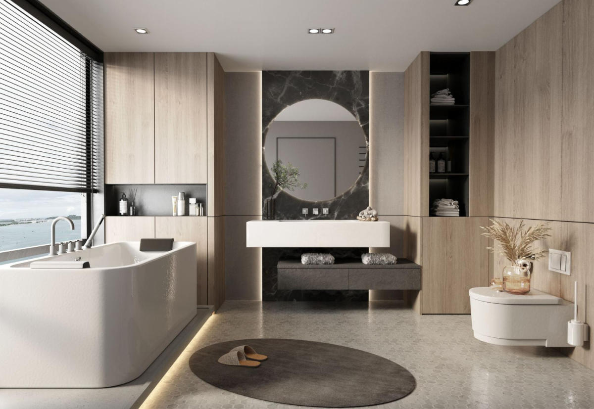 Salle de bain lumineuse avec carrelage blanc et plantes